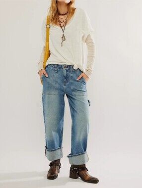 FREE PEOPLE WE THE FREE Leagues Carpenter Jeans Sz 26 Utility Chic Boho